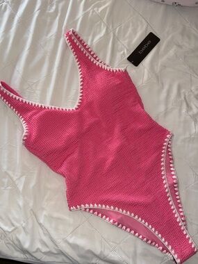 bebe Hot Pink One-Piece Swimsuit with White Crochet Trim